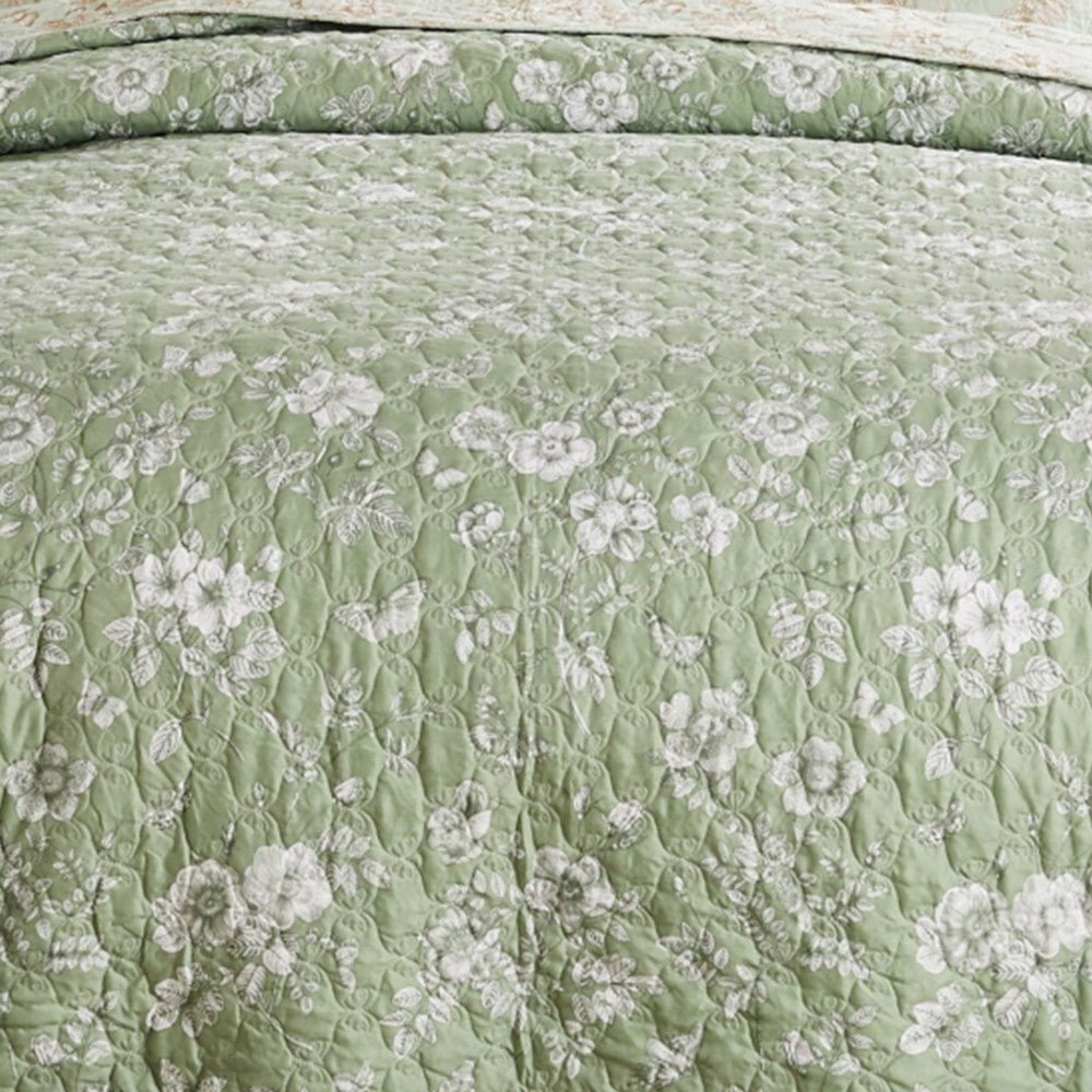 Vola 2 Piece Twin Quilt Set, Floral Pattern, Light Green Microfiber