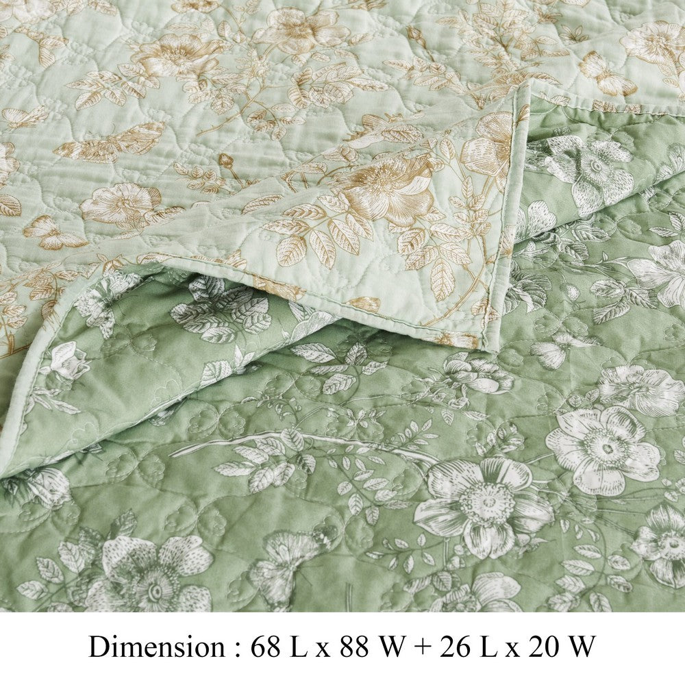 Vola 2 Piece Twin Quilt Set, Floral Pattern, Light Green Microfiber