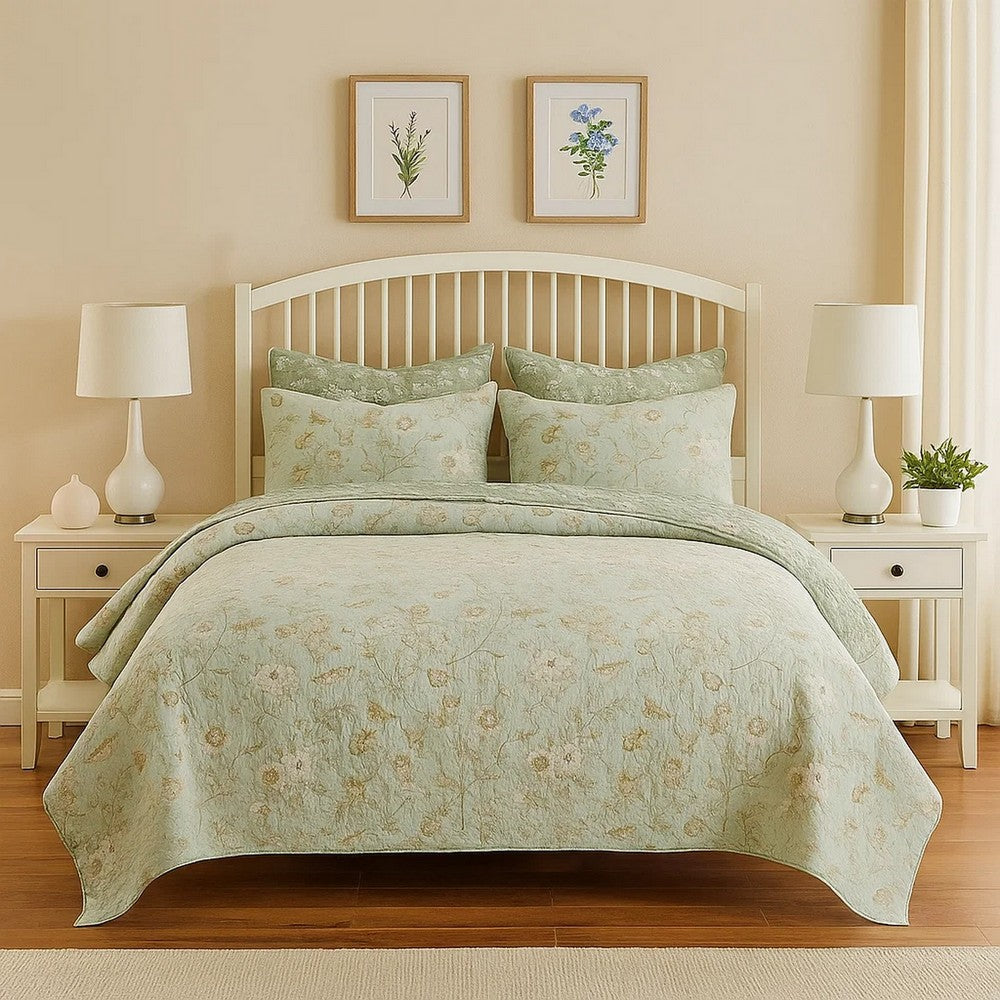 Vola 2 Piece Twin Quilt Set, Floral Pattern, Light Green Microfiber