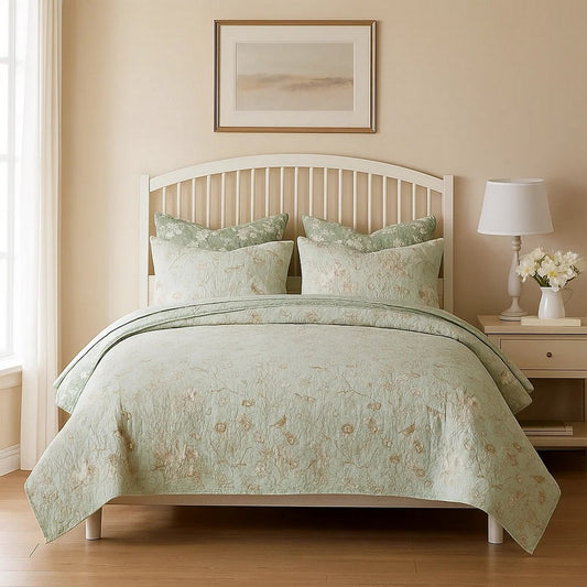 Vola 2 Piece Twin Quilt Set, Floral Pattern, Light Green Microfiber