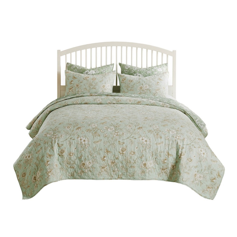Vola 2 Piece Twin Quilt Set, Floral Pattern, Light Green Microfiber