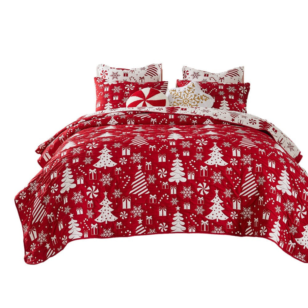 Daru 2 Piece Twin Quilt Set, Red and White Polyester, Christmas Theme