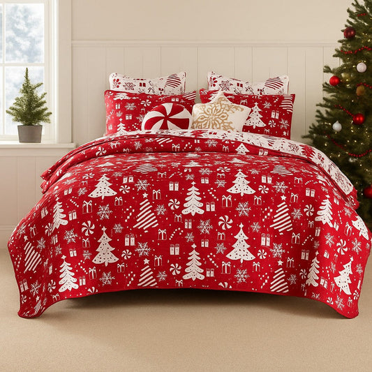 Daru 2 Piece Twin Quilt Set, Red and White Polyester, Christmas Theme