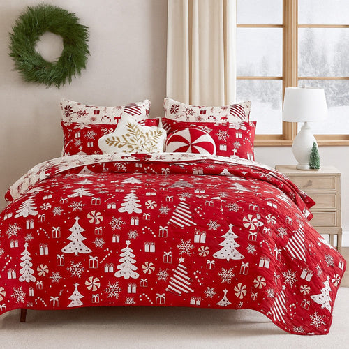 Daru 3 Piece Queen Quilt Set, Red and White Polyester, Christmas Theme