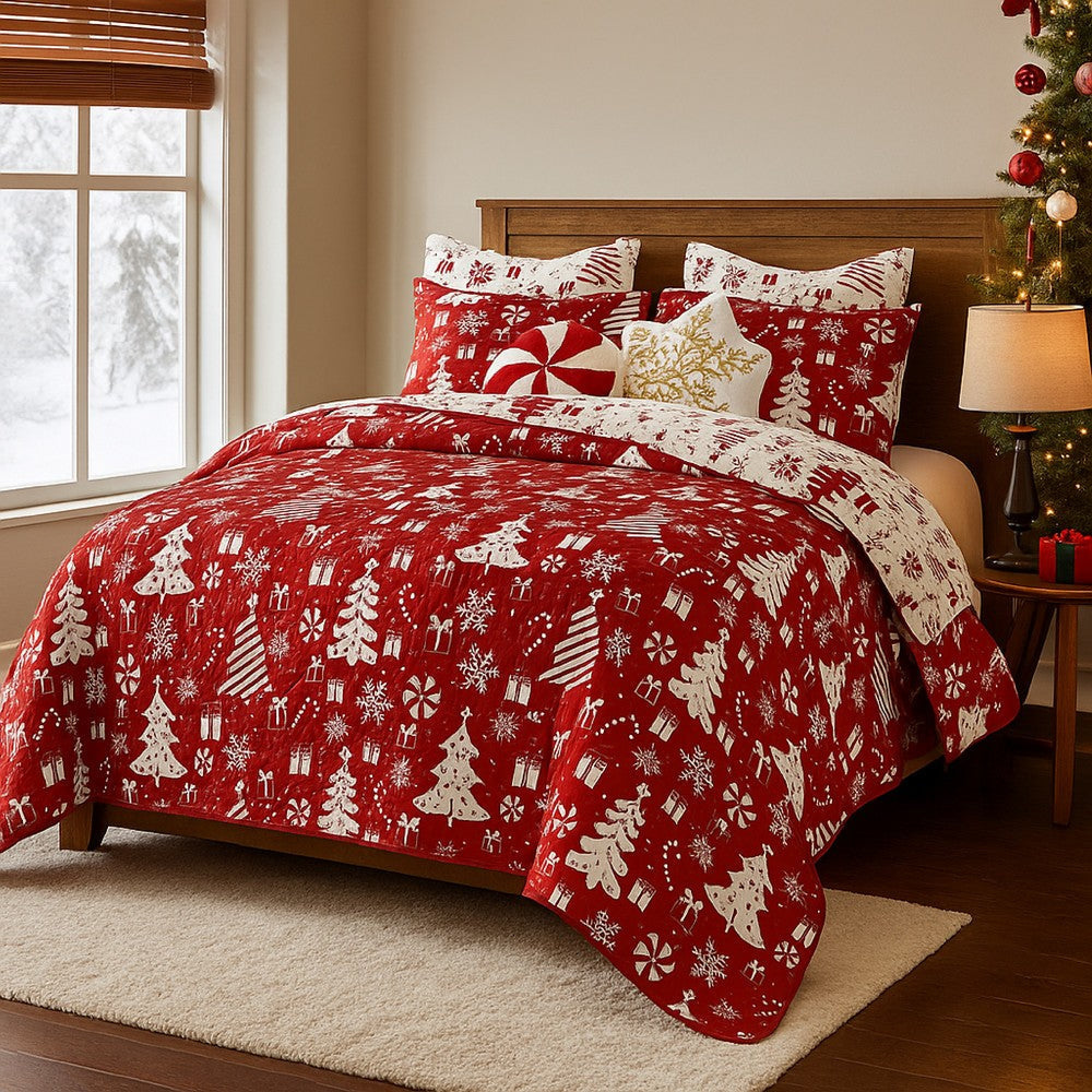 Daru 3 Piece King Quilt Set Red and White Polyester Christmas Theme