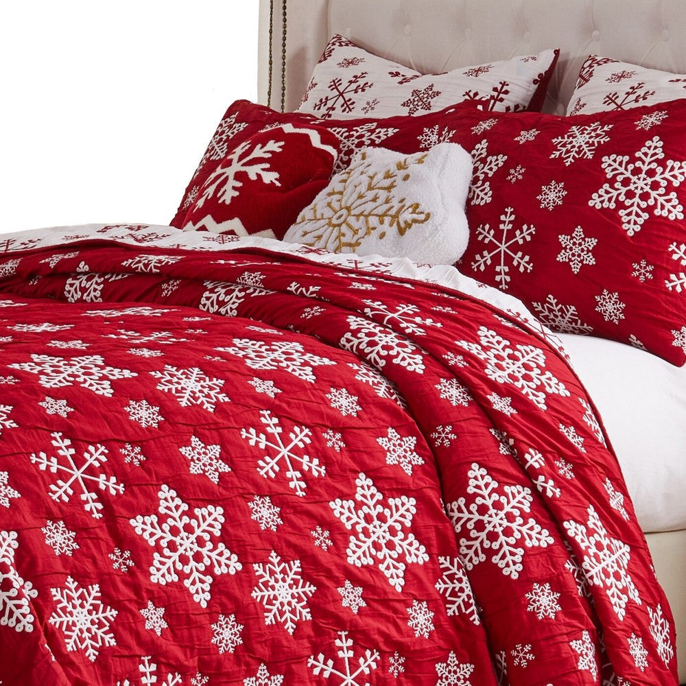Flok 3 Piece Queen Quilt Set Red and White Polyester Snowflake Theme