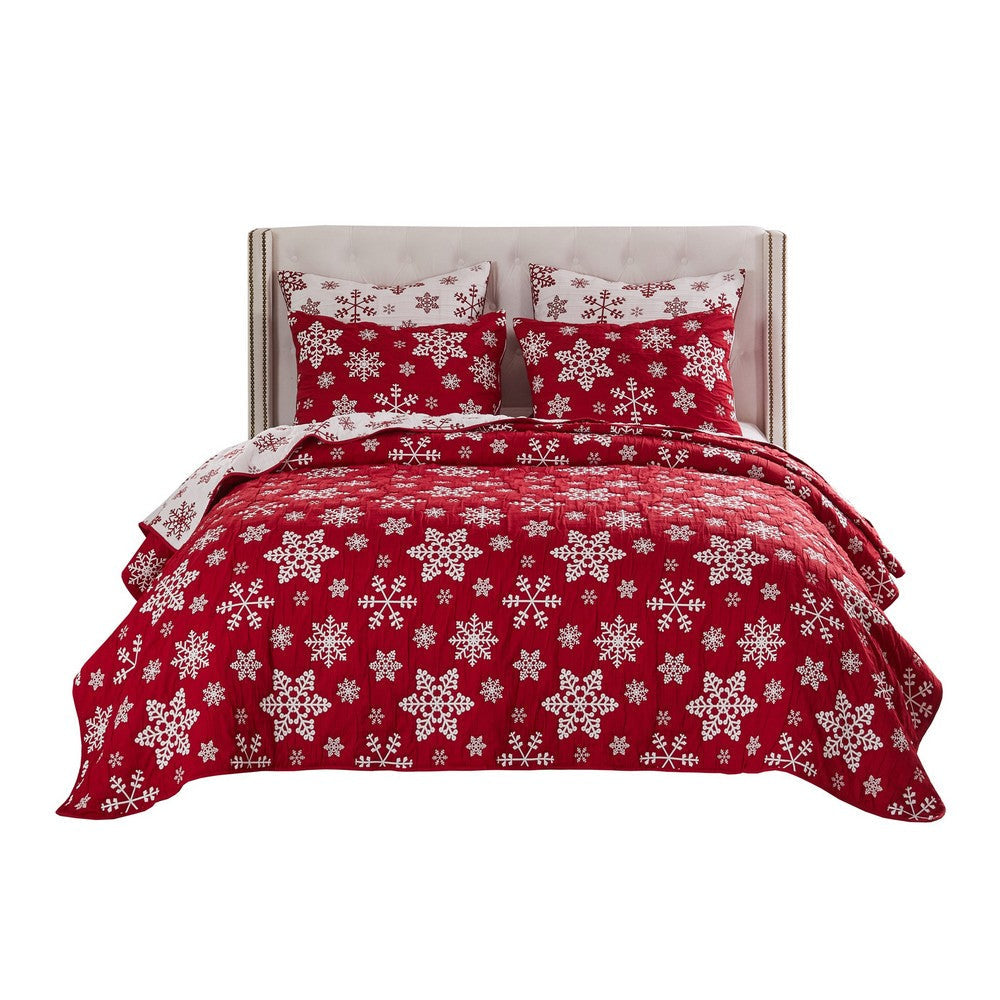 Flok 3 Piece Queen Quilt Set Red and White Polyester Snowflake Theme