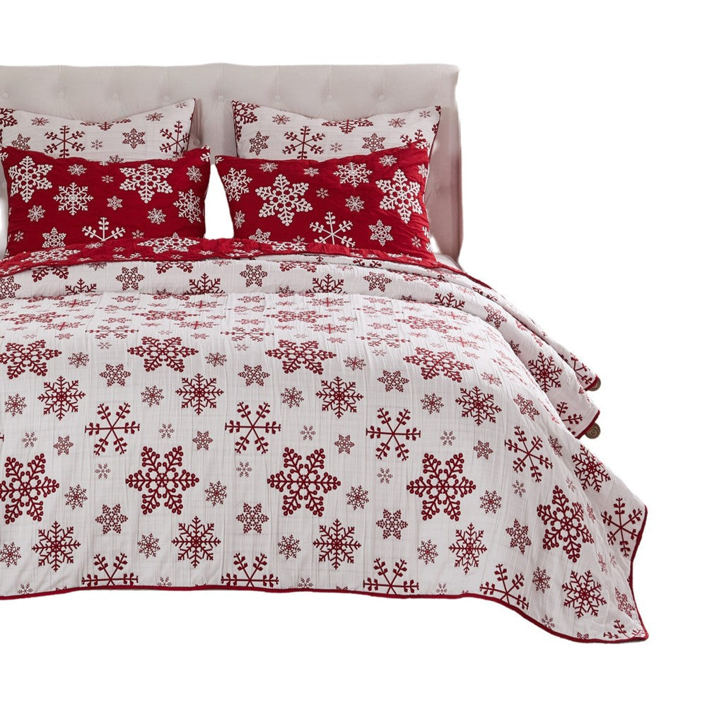 Flok 3 Piece King Quilt Set Red and White Polyester Snowflake Theme