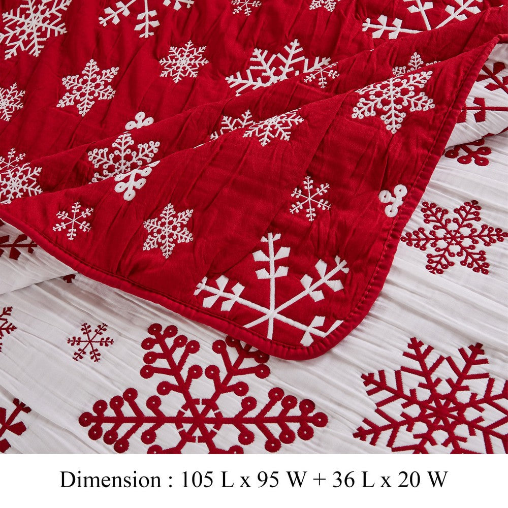 Flok 3 Piece King Quilt Set Red and White Polyester Snowflake Theme