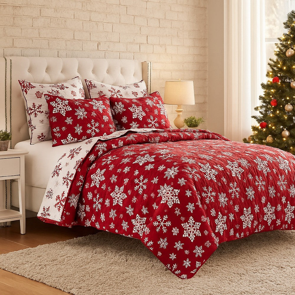 Flok 3 Piece King Quilt Set Red and White Polyester Snowflake Theme