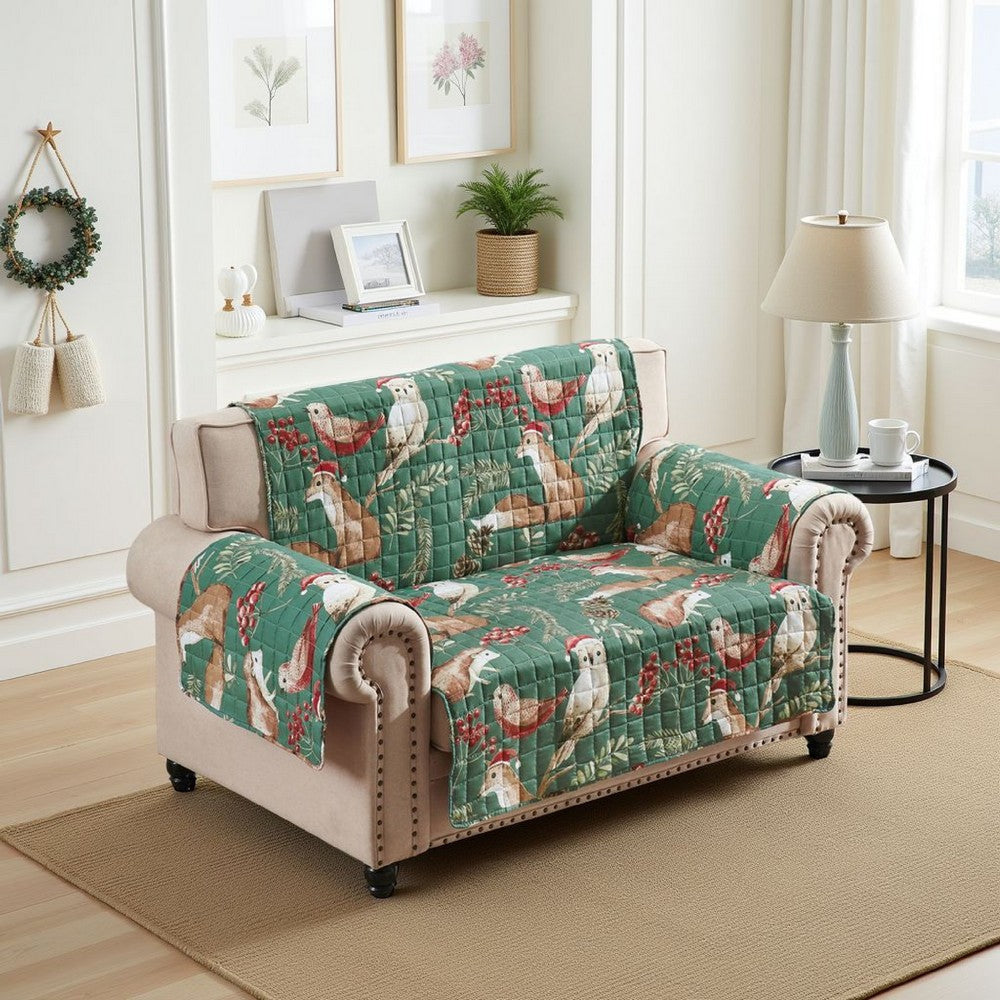 Lowa Loveseat Slipcover, Reversible Polyester, Green Red Festive Theme