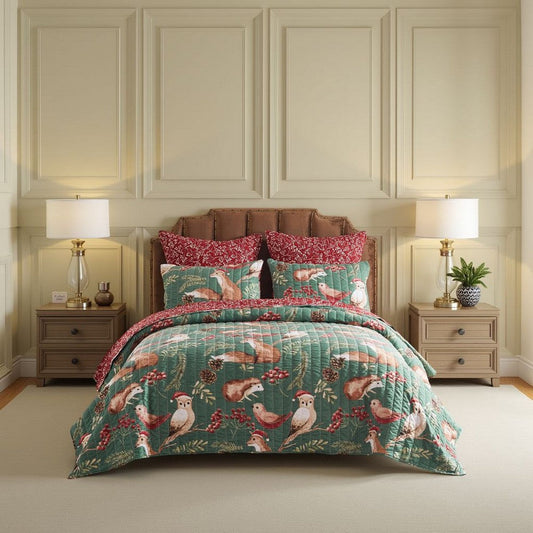 Lowa 2 Piece Twin Size Quilt Set, Festive Theme Red Green Polyester