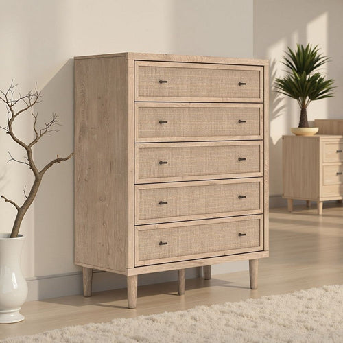 Ashley Ciel Tall Dresser Chest | 5 Drawers w Metal Handles | Brown and Bronze