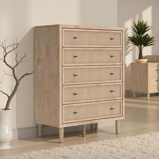 Ashley Ciel Tall Dresser Chest | 5 Drawers w Metal Handles | Brown and Bronze