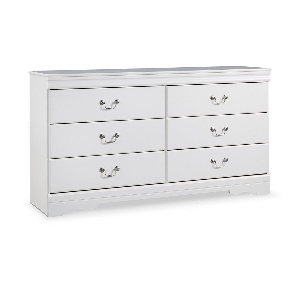 Ashley Roso Wide Dresser | Classic White | 6 Drawers w Pewter Metal Handles
