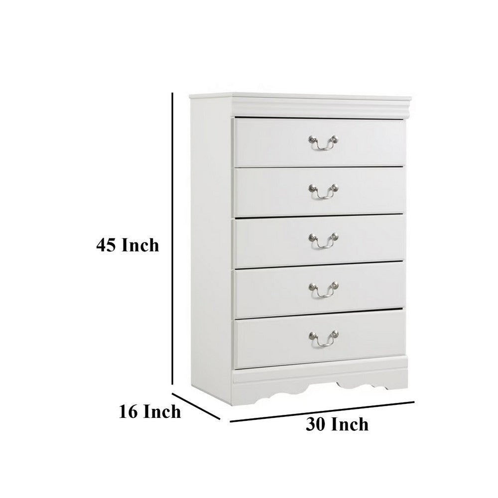 Ashley Roso Tall Dresser Chest | Classic White | 5 Drawers Pewter Handles BM332831