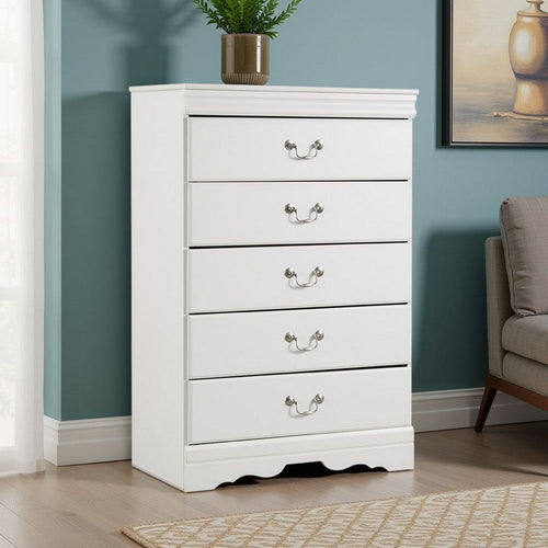 Ashley Roso Tall Dresser Chest | Classic White | 5 Drawers Pewter Handles