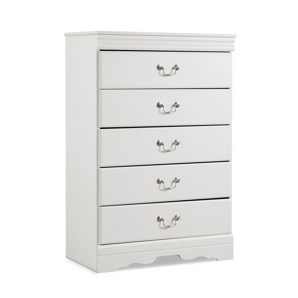 Ashley Roso Tall Dresser Chest | Classic White | 5 Drawers Pewter Handles