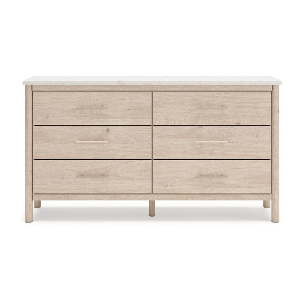 Ashley Mooran Wide Dresser | 6 Drawers | White Marble Finish | Brown Beige