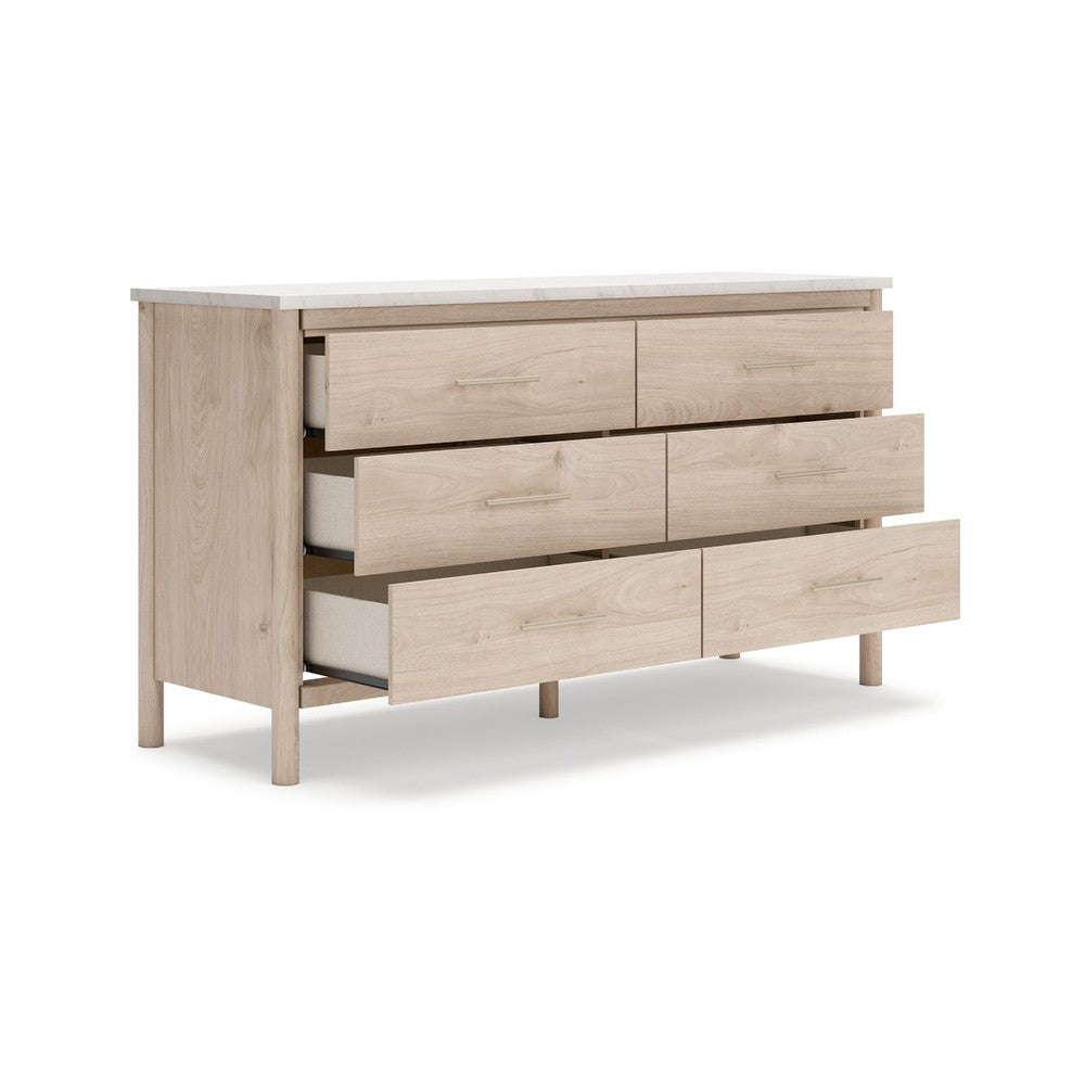 Ashley Mooran Wide Dresser | 6 Drawers | White Marble Finish | Brown Beige