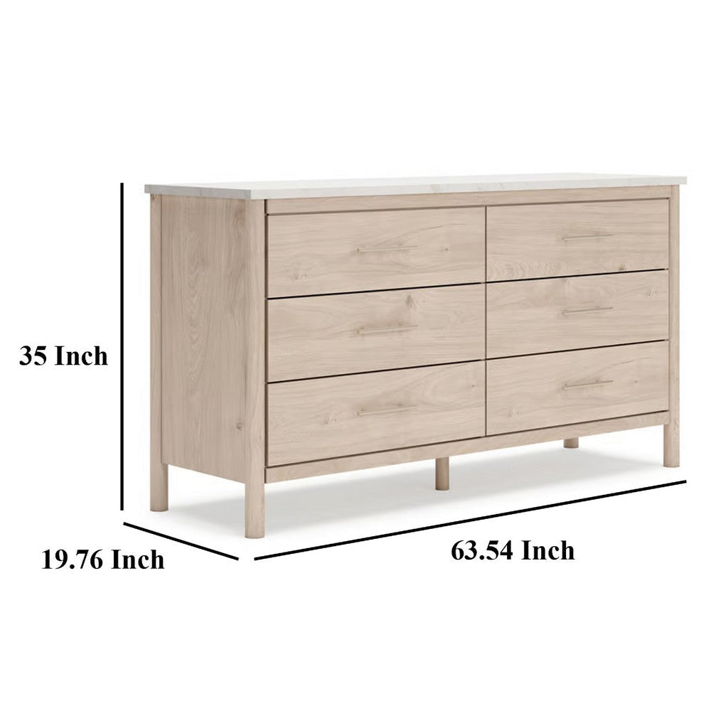 Ashley Mooran Wide Dresser | 6 Drawers | White Marble Finish | Brown Beige