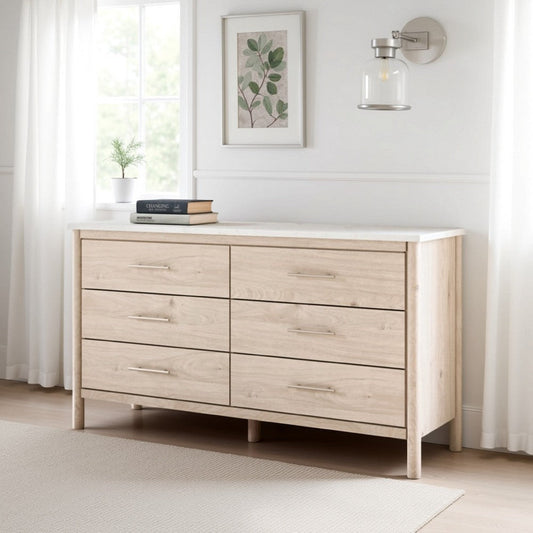 Ashley Mooran Wide Dresser | 6 Drawers | White Marble Finish | Brown Beige