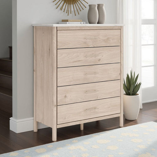 Ashley Mooran Tall Dresser Chest | 5 Drawers | Marble Finish | Brown Beige