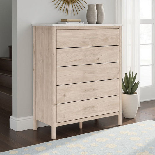 Ashley Mooran Tall Dresser Chest | 5 Drawers | Marble Finish | Brown Beige