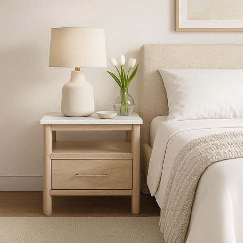 Ashley Mooran Nightstand | 1 Drawer w USB-C | Marble Finish | Brown Beige