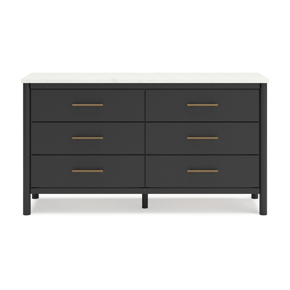 Ashley Mooran Wide Dresser | 6 Drawers | Marble Finish Top | Black Laminate