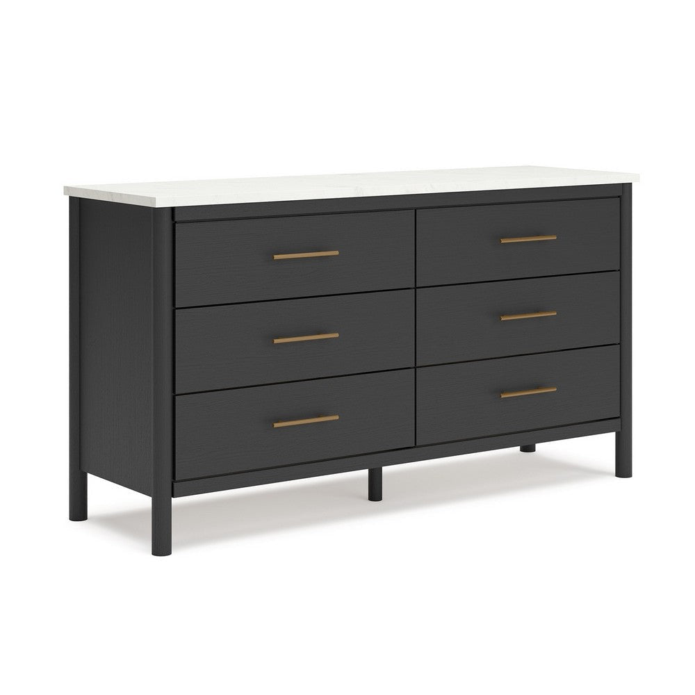 Ashley Mooran Wide Dresser | 6 Drawers | Marble Finish Top | Black Laminate