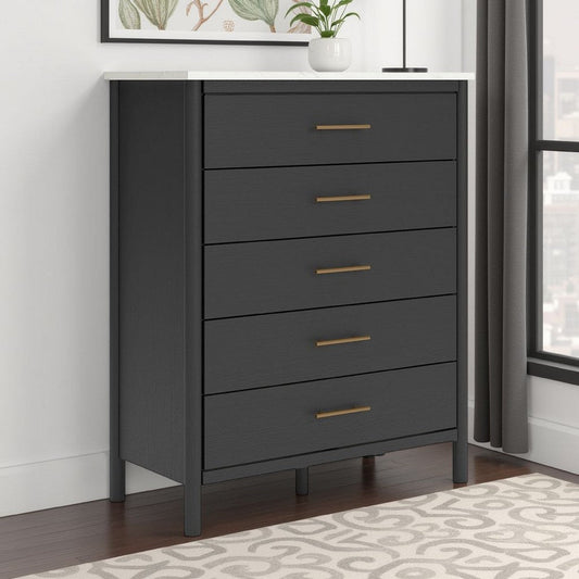 Ashley Mooran Tall Dresser Chest | 5 Drawers | Modern Marble Finish | Black