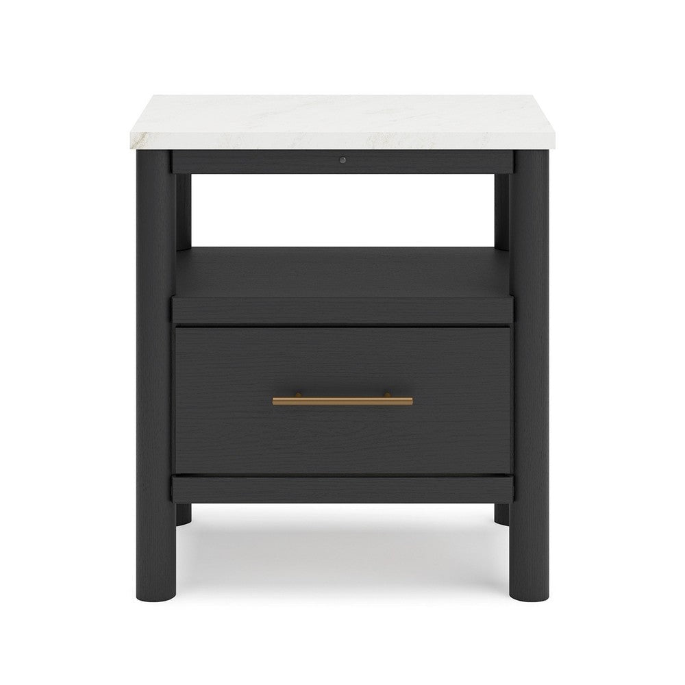Ashley Mooran Nightstand | 1 Drawer w USB | White Marble Finish Top | Black