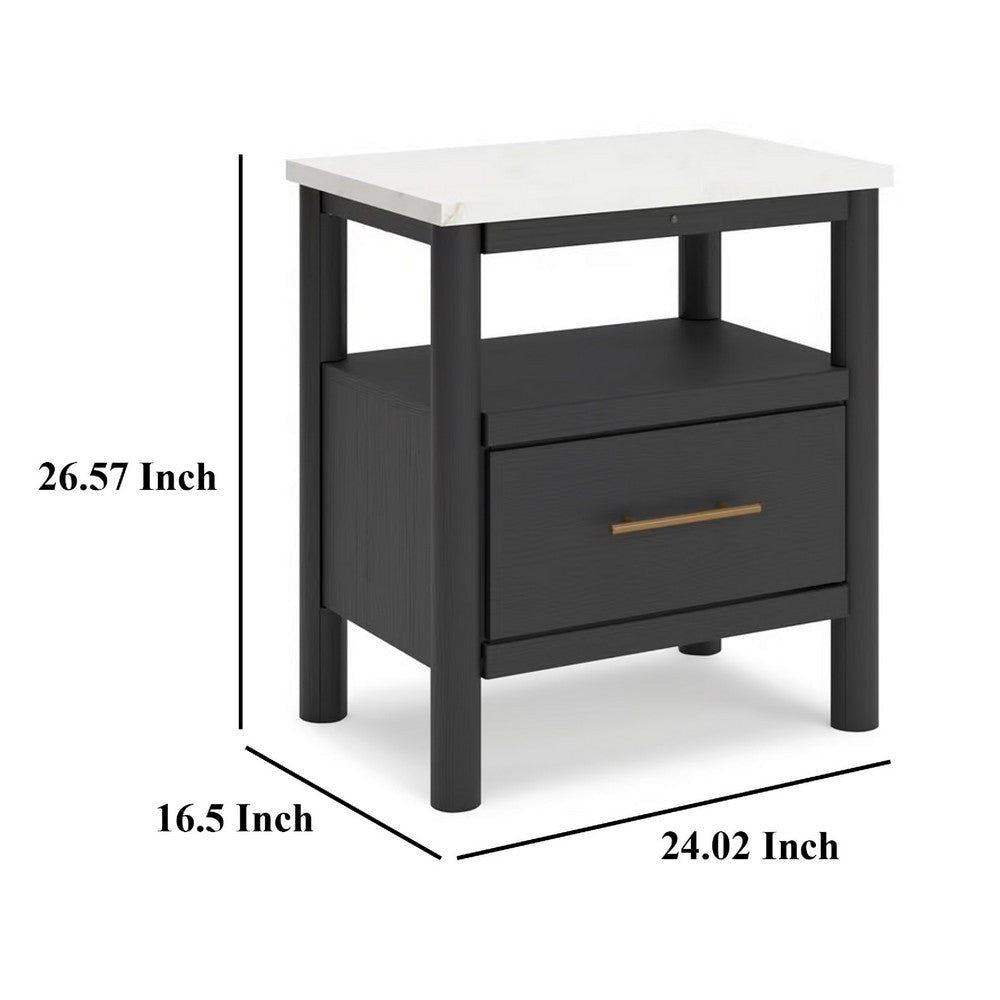Ashley Mooran Nightstand | 1 Drawer w USB | White Marble Finish Top | Black