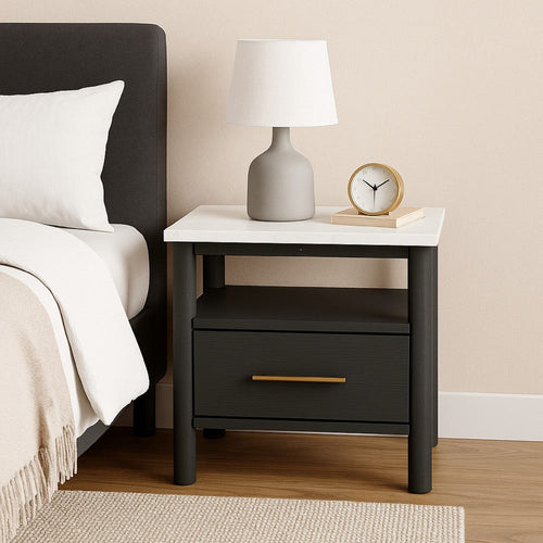 Ashley Mooran Nightstand | 1 Drawer w USB | White Marble Finish Top | Black
