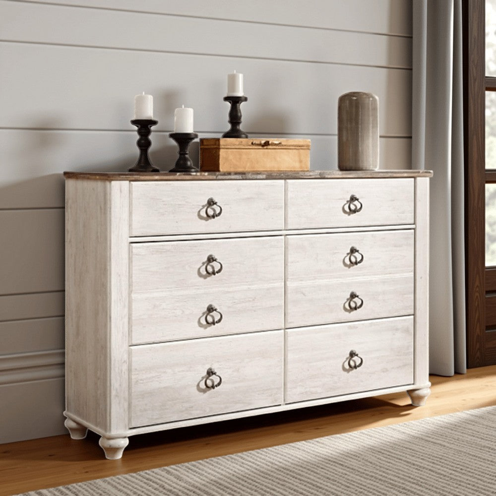 Ashley Isla Wide Dresser | 6 Drawers | Brown Wood Finish | Rustic Whitewash