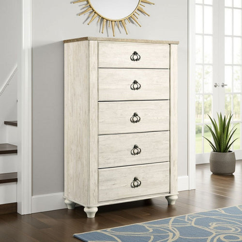 Ashley Isla Tall Dresser Chest | 5 Drawer | Brown Wood | Rustic Whitewash