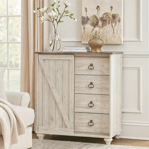 Ashley Isla Dresser Chest | 4 Drawer | Sliding Barn Door | Brown | Whitewash