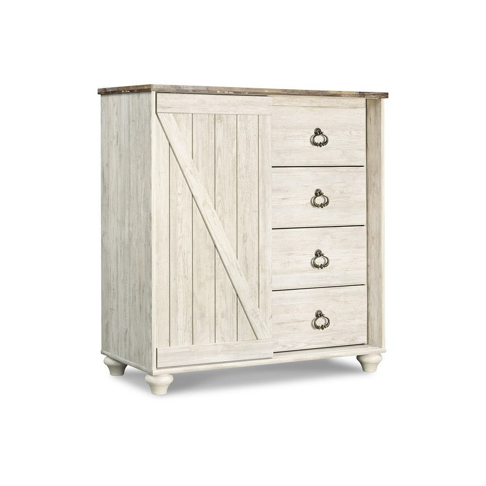 Ashley Isla Dresser Chest | 4 Drawer | Sliding Barn Door | Brown | Whitewash