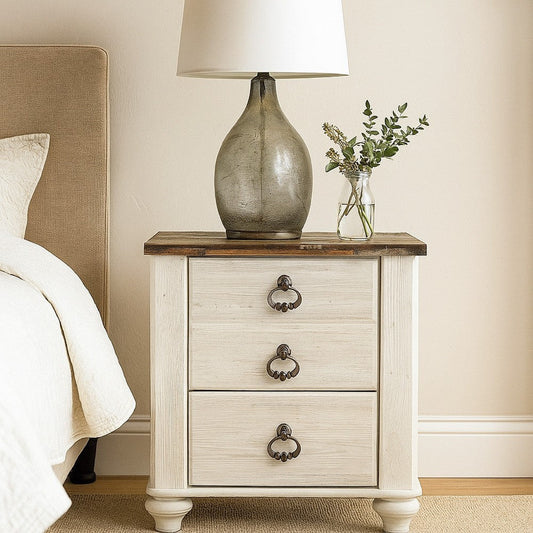 Ashley Isla Nightstand | 2 Drawers | 2 USB | Brown Wood | Rustic Whitewash