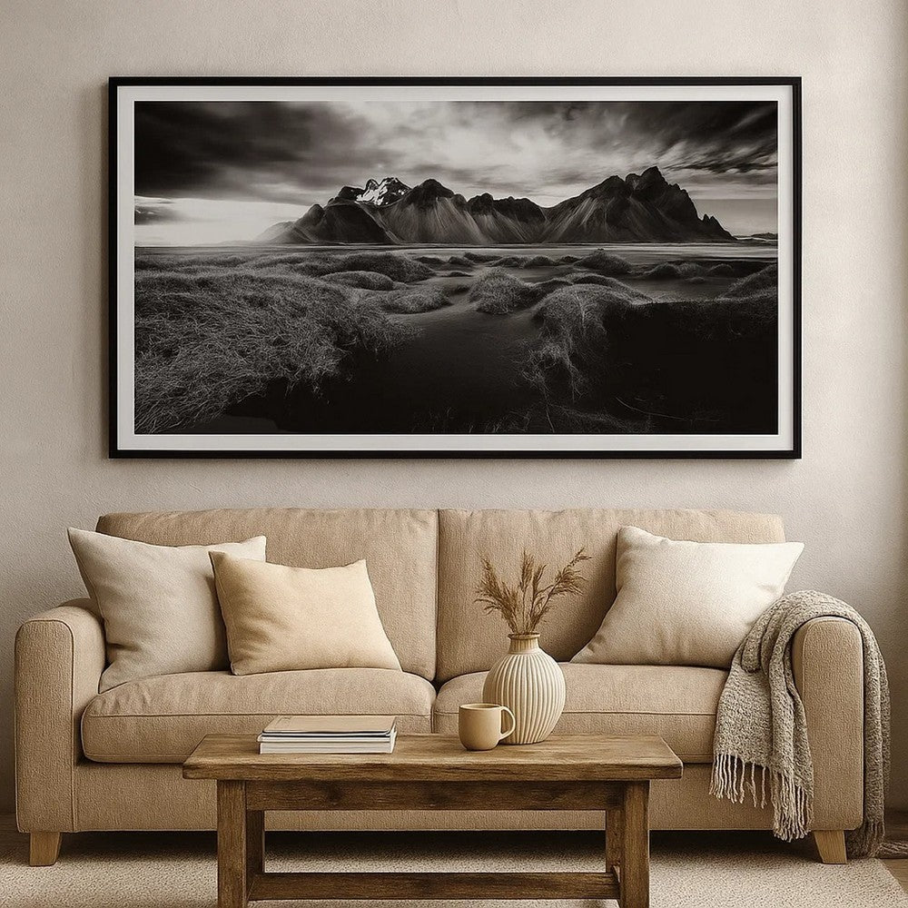 Ashley Framed Wall Art | Mountain and River Print | 47x87 Black and White