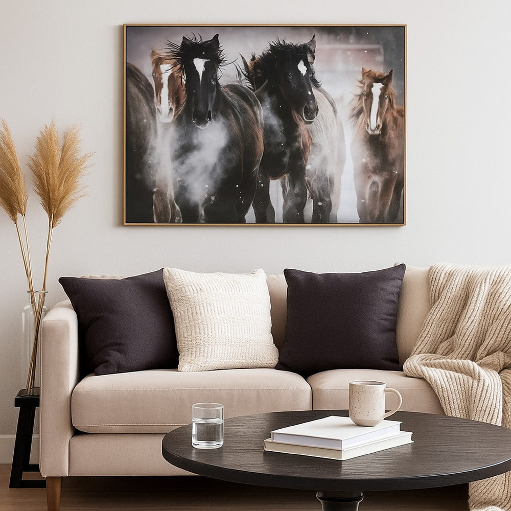 Ashley Hose Wall Art | 36x48 Painted Canvas Brown Black White Running Horses