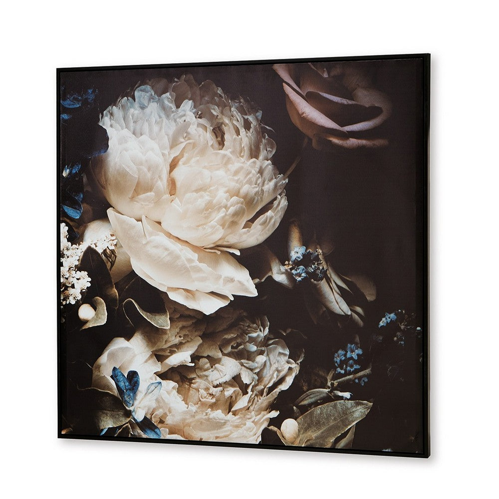 Ashley Cruz Floral Wall Art | 40x40 Framed Canvas | Beige | Brown | and Blue
