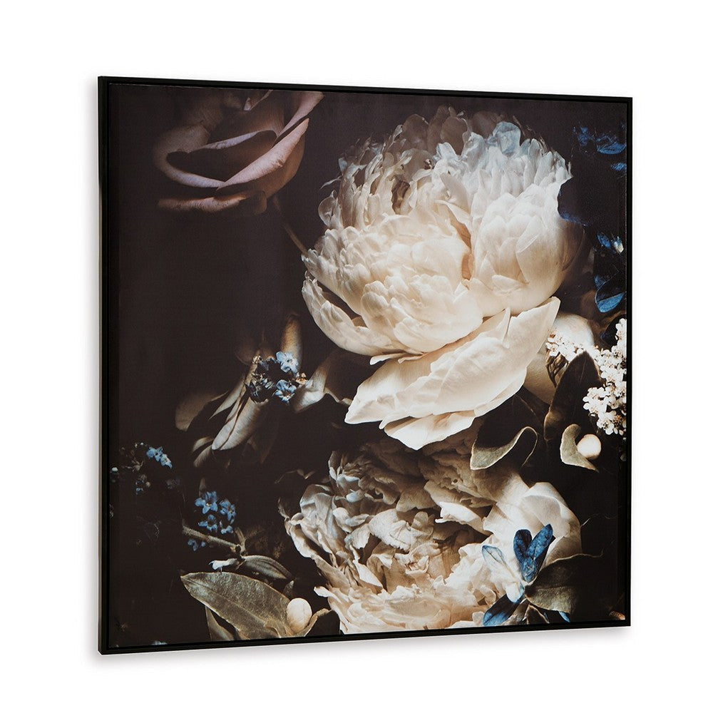 Ashley Cruz Floral Wall Art | 40x40 Framed Canvas | Beige | Brown | and Blue
