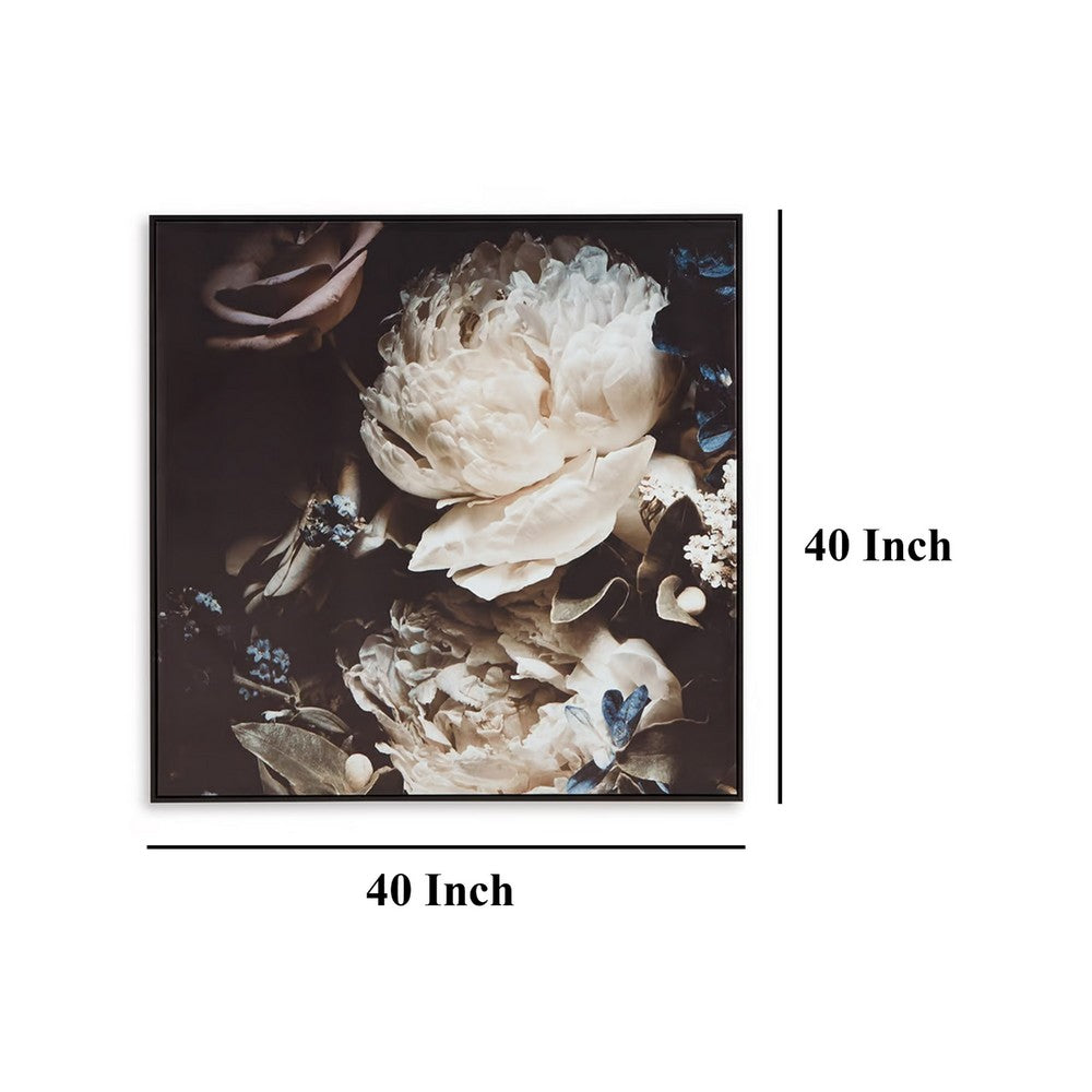 Ashley Cruz Floral Wall Art | 40x40 Framed Canvas | Beige | Brown | and Blue