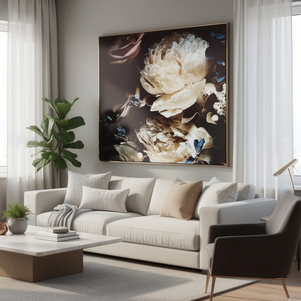 Ashley Cruz Floral Wall Art | 40x40 Framed Canvas | Beige | Brown | and Blue