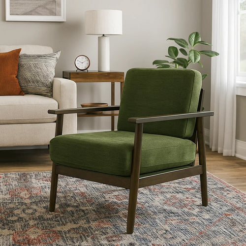 Ashley Bixy Accent Chair | 31" | Brown Wood Armrests | Dark Green Polyester