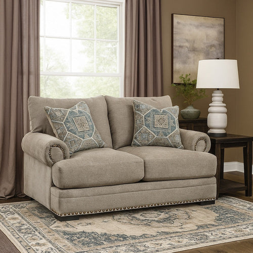 Ashley Golo Loveseat | 72" | 2 Accent Pillows | Gray Fabric | Nailhead Trim