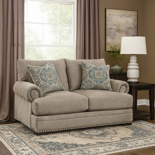 Ashley Golo Loveseat | 72" | 2 Accent Pillows | Gray Fabric | Nailhead Trim