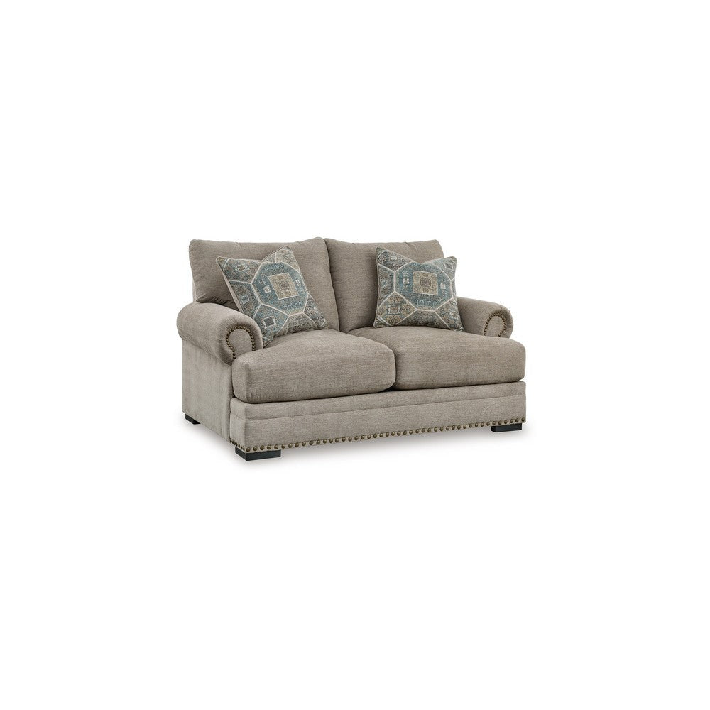 Ashley Golo Loveseat | 72" | 2 Accent Pillows | Gray Fabric | Nailhead Trim